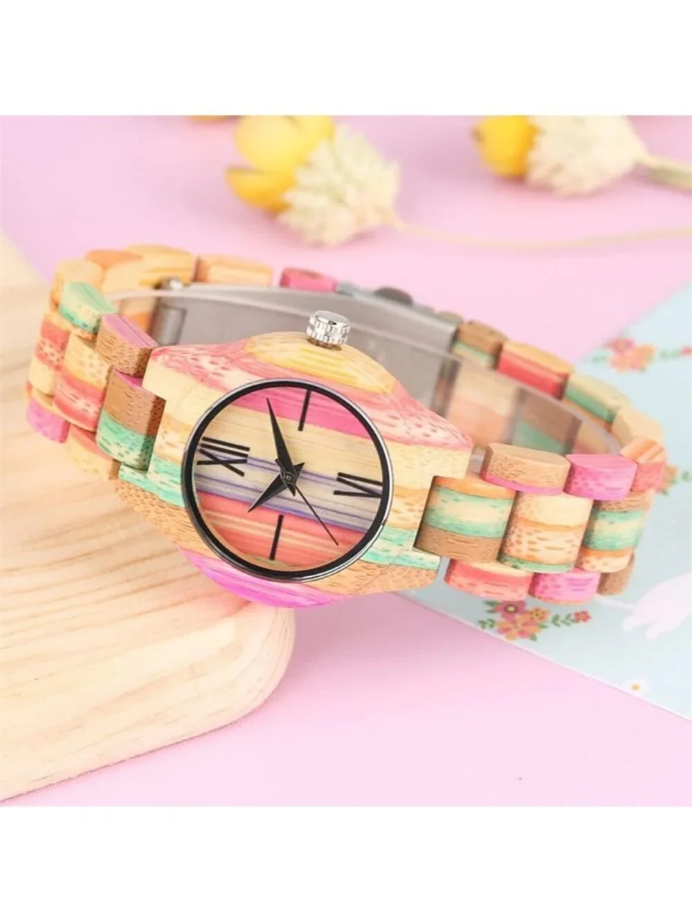Women's Multi Colorful Analog Quartz Skeletonized Bamboo Classic Wooden Watch
